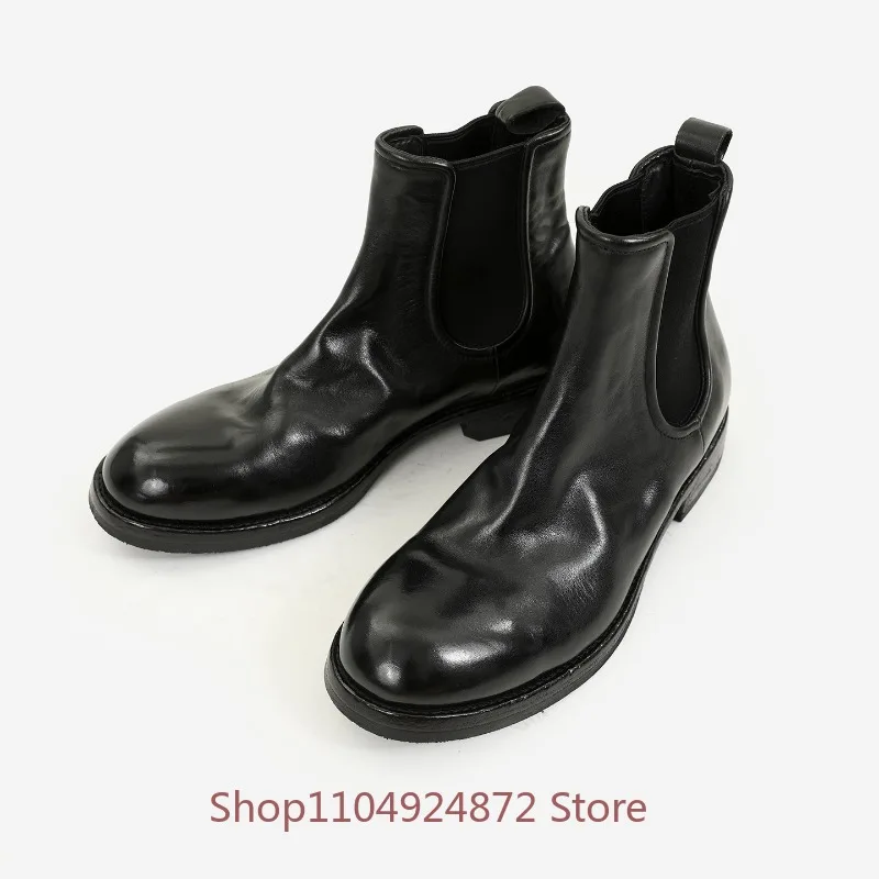 Men Vintage Wrinkled Genuine Leather Chelsea Boots Elastic Side Slip‑On Round Toe Black Ankle Boots Male Cowhide Chelsea Boots