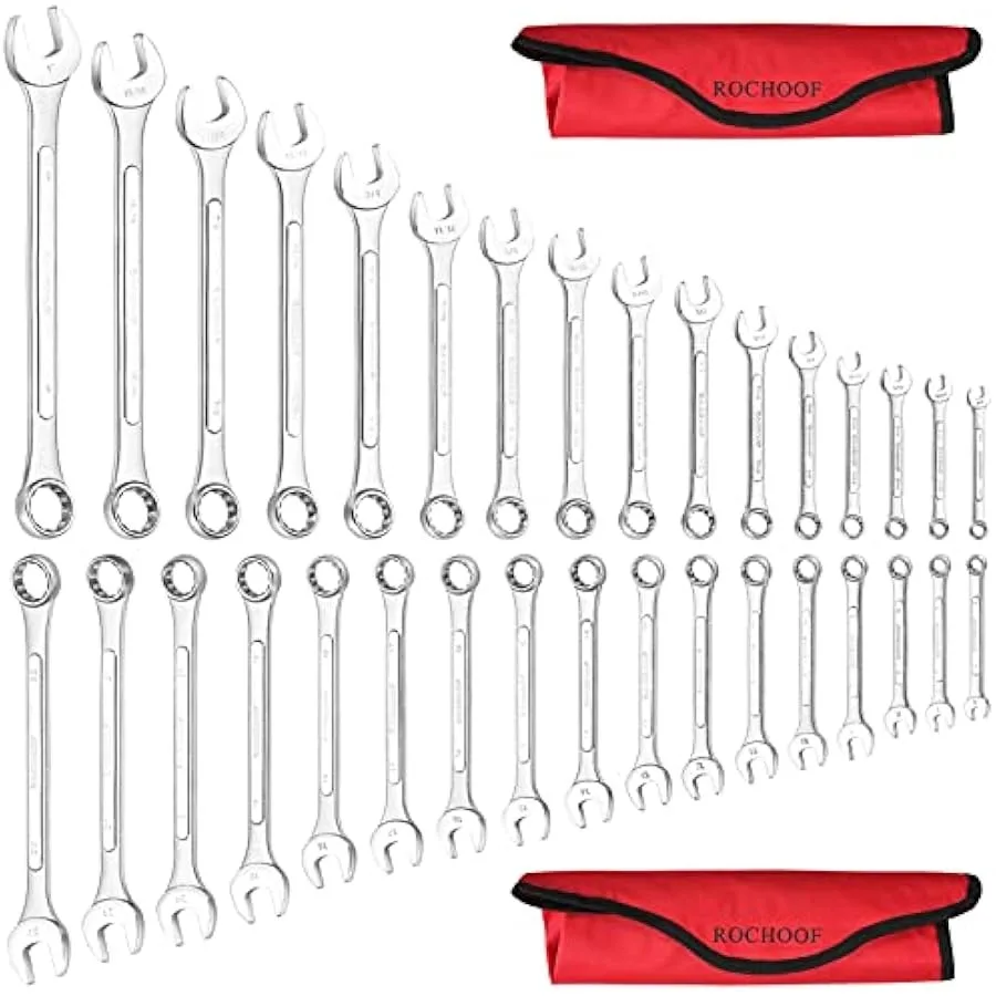 Combination Wrench Set33-Piece Chrome Vanadium Steel Wrench Set 12-Point SAE and Metric Wrenches 1 4