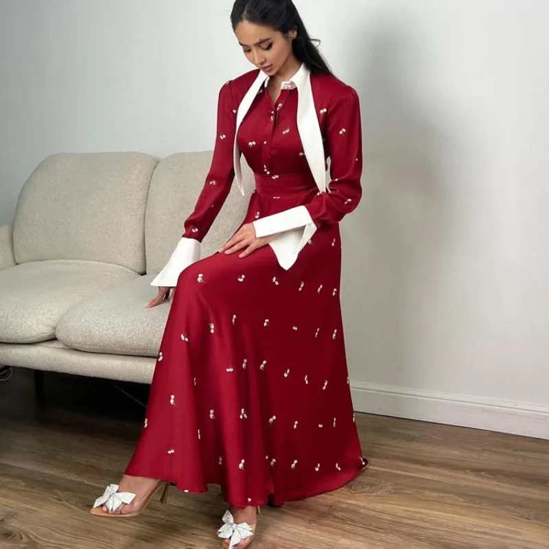 

2025 New Temperament Elegant Printed Design Long Skirt Lapel and Large Swing Spring Dress