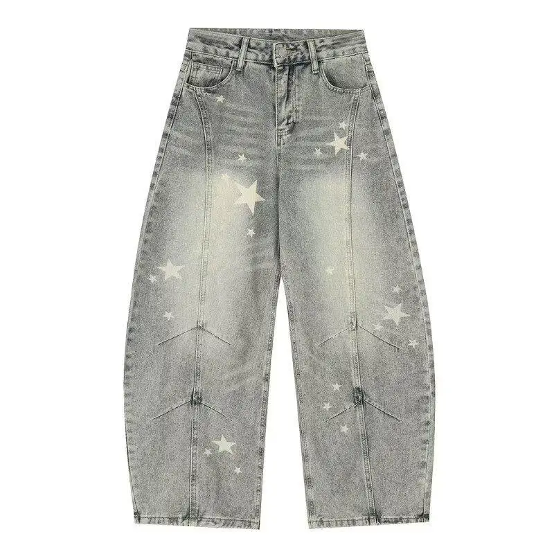 American Style Star Print Deconstructed Washed Straight Leg Men's Jeans Loose Trendy Wide Leg Long Trousers Casual Denim
