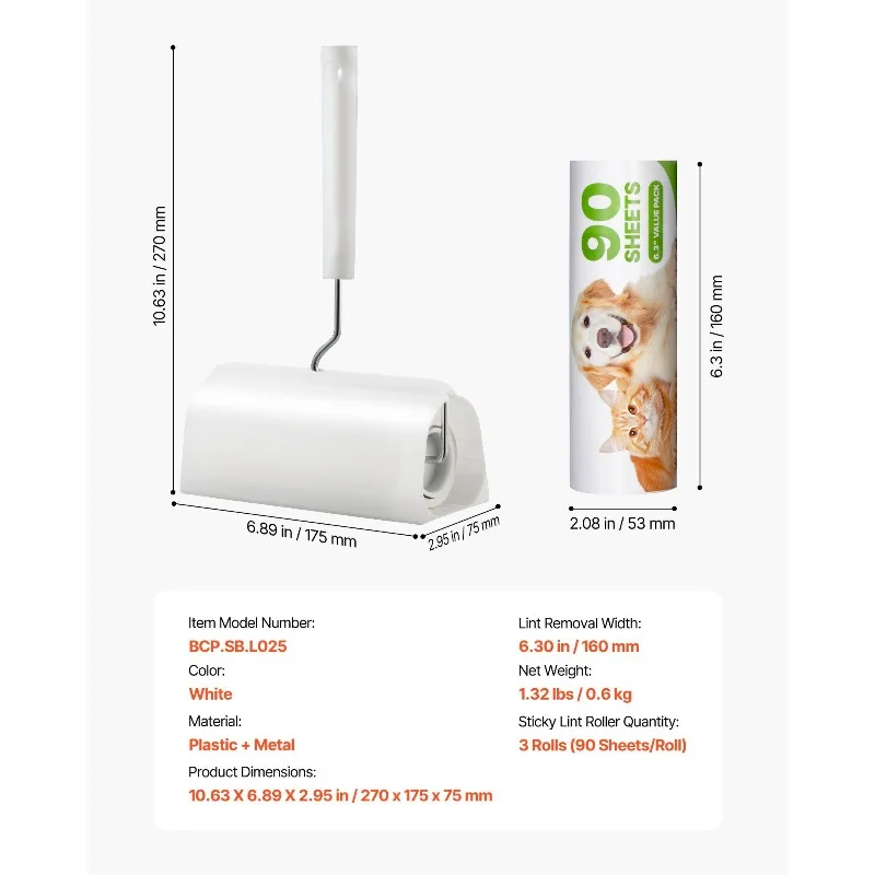 أسطوانة الوبر اللاصقة، مجموعة من 3 قطع من بكرات شعر الحيوانات الأليفة الكبيرة، 270 ورقة من أسطوانة الوبر اللاصقة المزودة بمقبض مطور،