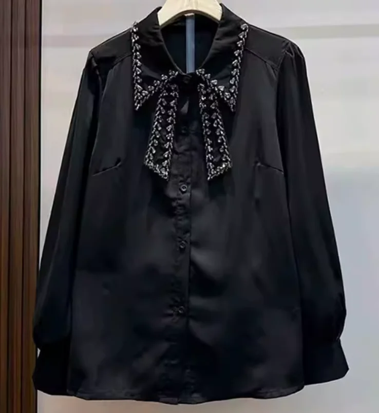 Spring New Simple Large Size Women Versatile Loose Long Sleeve Top Diamond Turn-down Collar Solid Color Lolita Korean Shirt