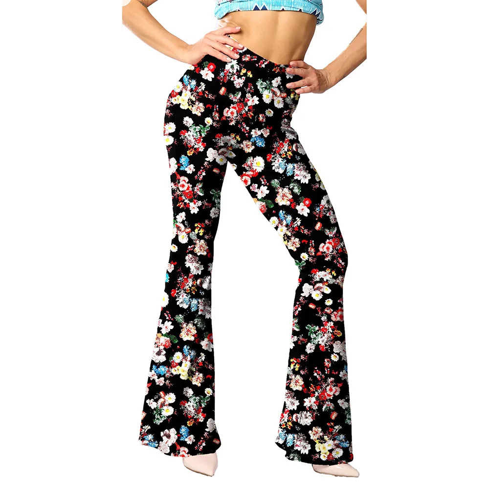 High Waist Printed Wide Leg Pants Women's plus Size Extended Slim Fit Flared Yoga Sports Pants Casual Wear Polyester Milk Silk