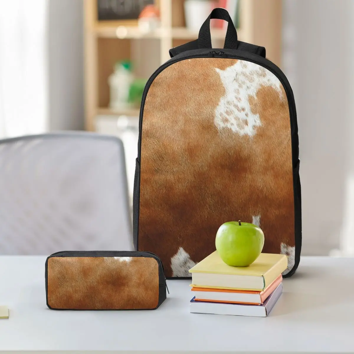 Stylish Cow Fur Cowhide Texture Cow Skin Print Backpack BookBag School Bag Shoulder Bags 3ps Insulated Lunch Bag Pencil Case