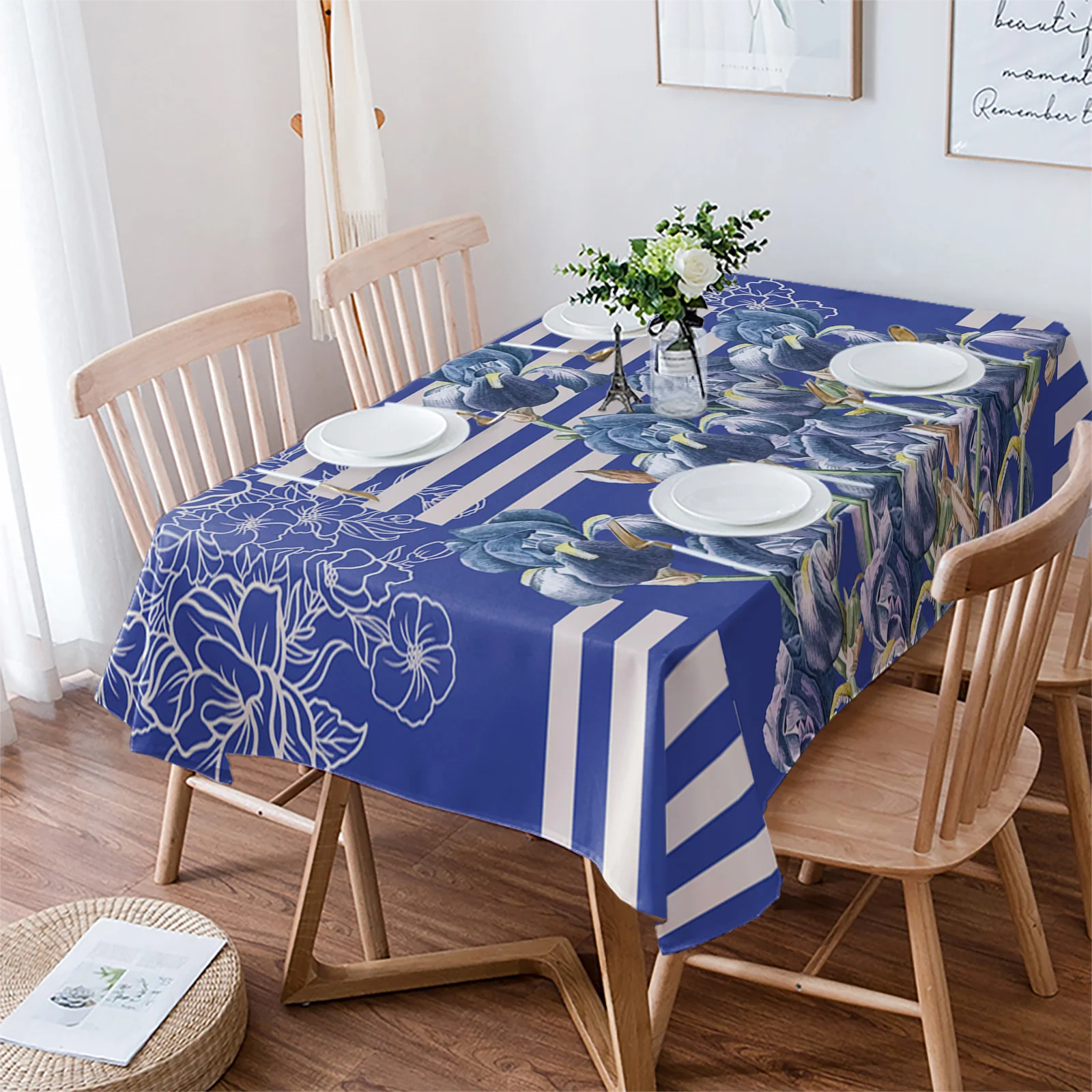 Flower Blue Lines Tablecloth Waterproof Dining Table Wedding Party Rectangular Round Tablecloth Home Textile Kitchen Decoration