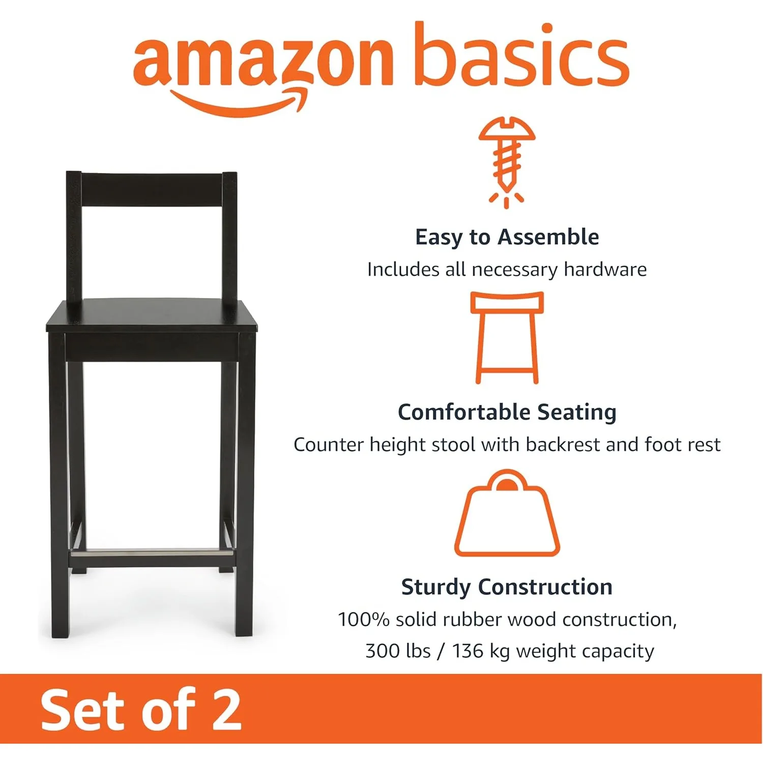 2-Pack Black Bar Stools 24in, Commercial-Grade Wood Stools with Back for Home & Cafe Use