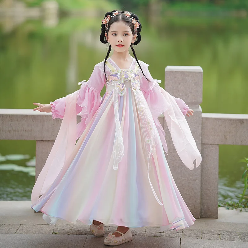 

2024 New Gilrs Traditional Chinese Floral Embroider Hanfu Dress Kids Ancient Perform Dance Costume Princess Child Birthday Gift