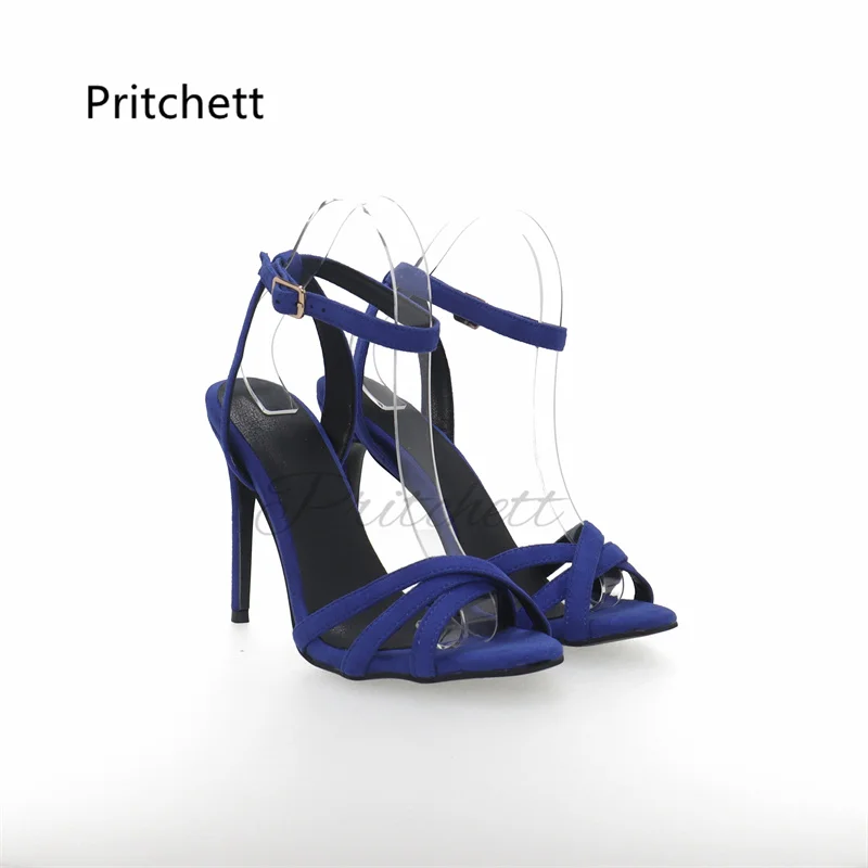 Blue Suede High Heels Sandals for Women Buckle Cross Strap Stiletto Shoes Summer Fashion Open Toe Party Office Lady Shoes