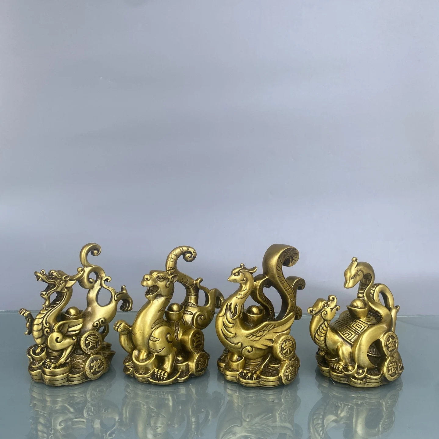 

6"Tibetan Temple Collection Old Brass High Relief Yuanbao Coins Four Sided Divine Beast Statue Amass wealth Town House