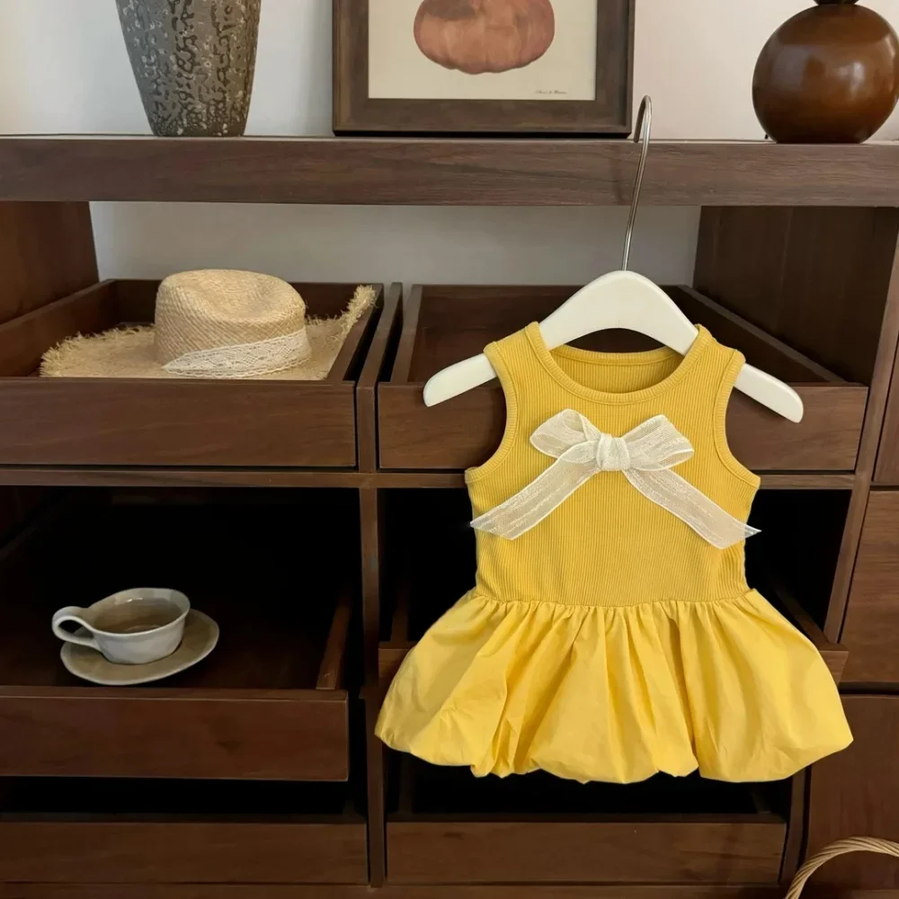 

Милое и милое платье принцессы с бантом, желтые повседневные платья для девочек 2–6 лет, корейская версия, детская одежда