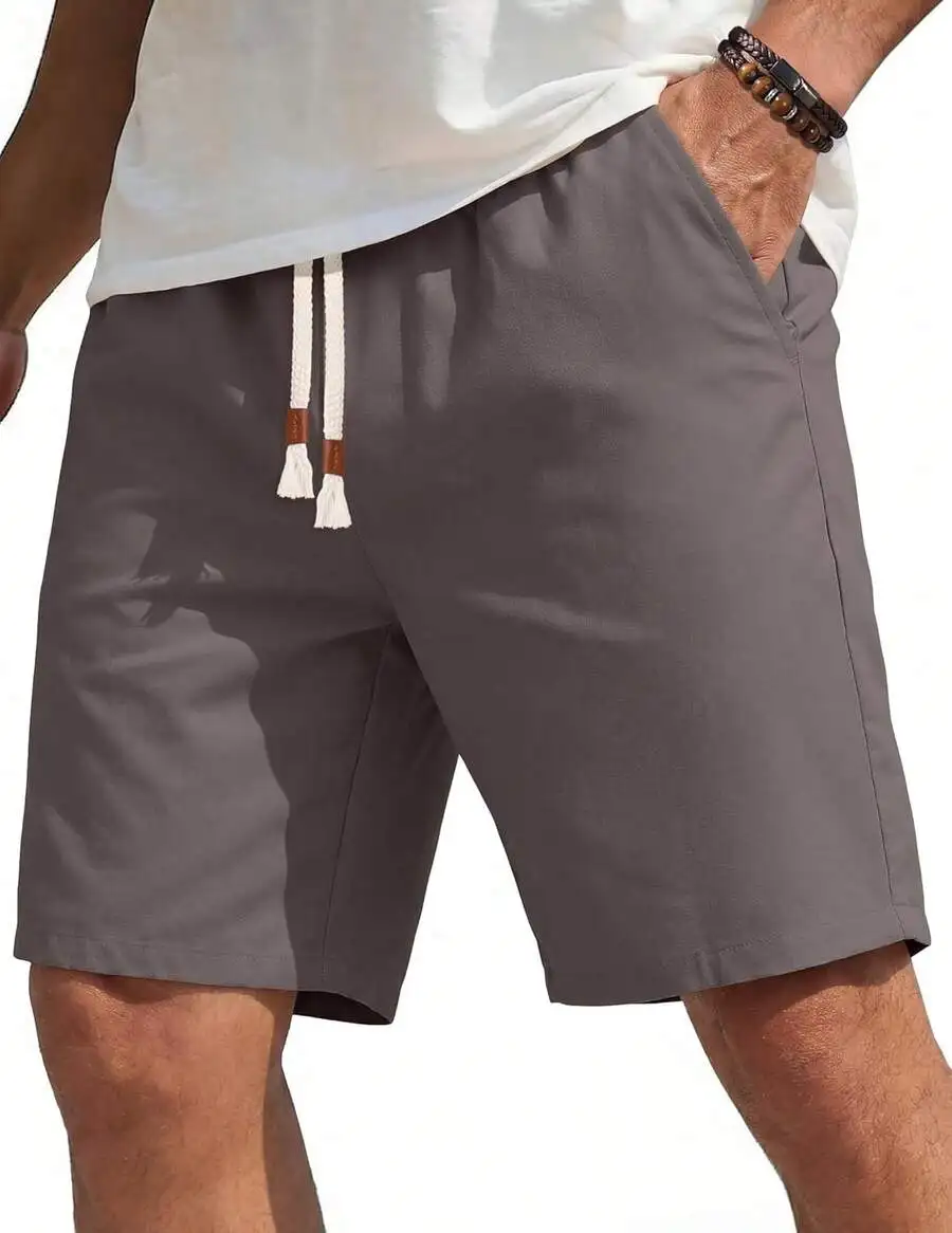 

Mens Cotton Linen Casual Shorts Elastic Waist Drawstring Beach Summer