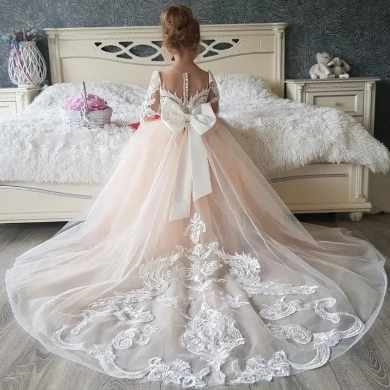 Champagne Lace Flower Girl Dress Removable Trailing Bow See-through Sleeves for Little Girl Birthday Party First Communion Dress