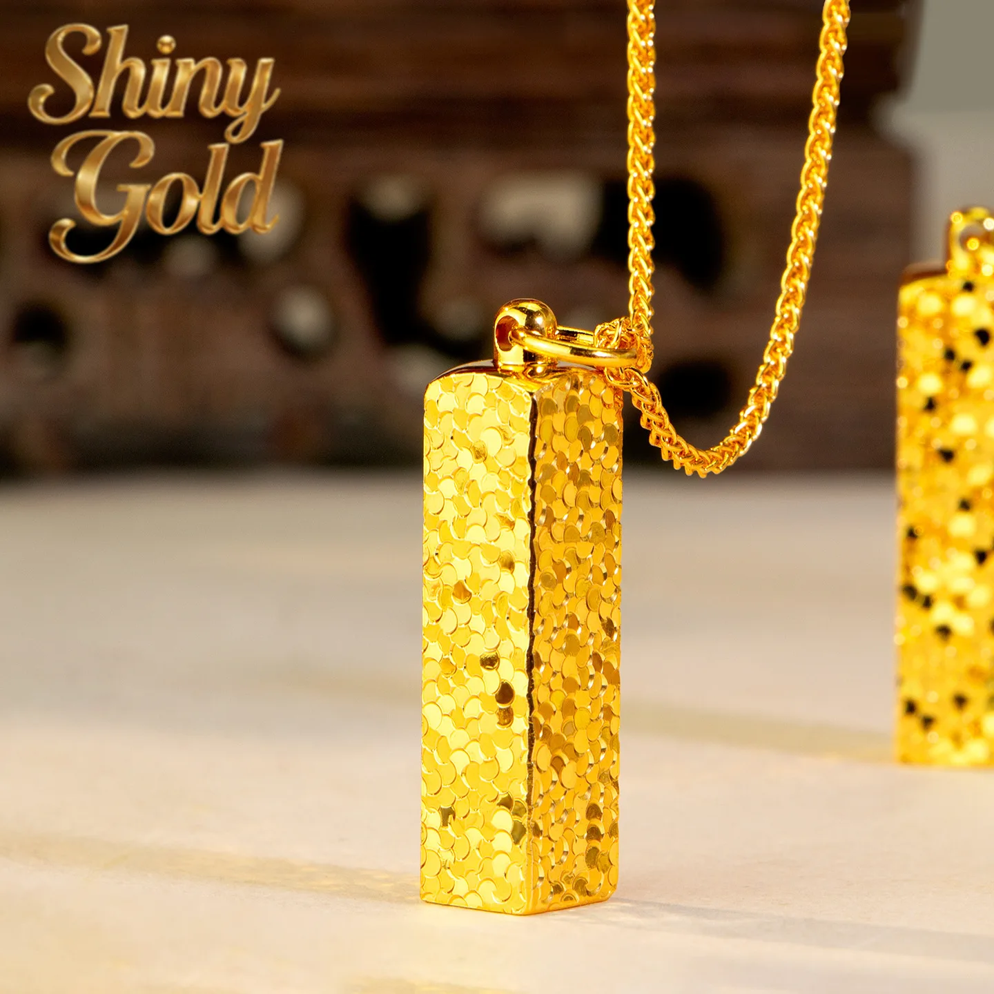 

ShinyGold Luxury 24K 9999 Pure Gold Real Gold Women's Ice Crushed Quartet Laicai Small Square Pendant Necklace