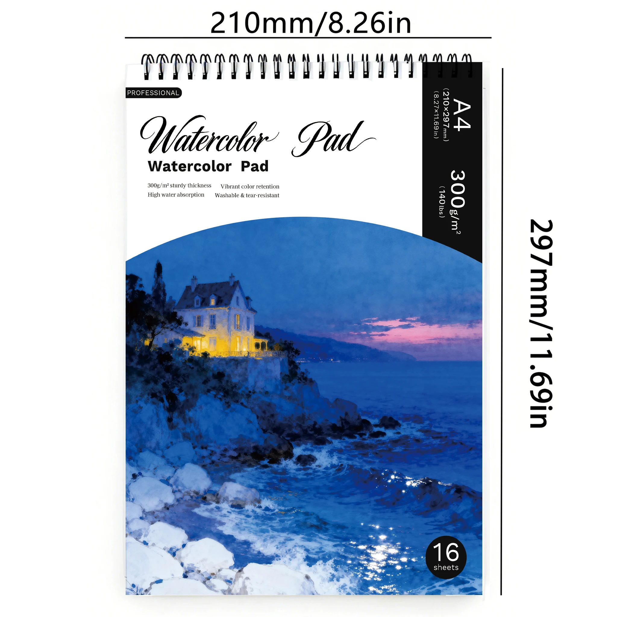 A4  Spiral Watercolor Pad 300gsm, Coastal Cliff House Dusk Cover, 30 Sheets Acid-Free Art Sketchbook for Back to School & Gi