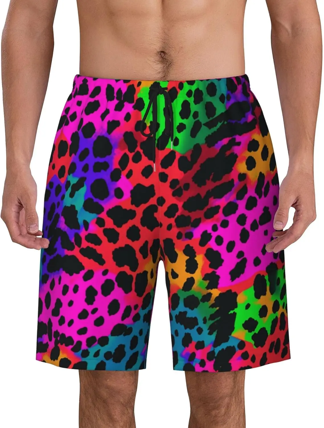 

Colorful Mens Swim Trunks Multicolored Leopard Print Beach Shorts Quick Dry with Pockets Swimming Trunks for Men