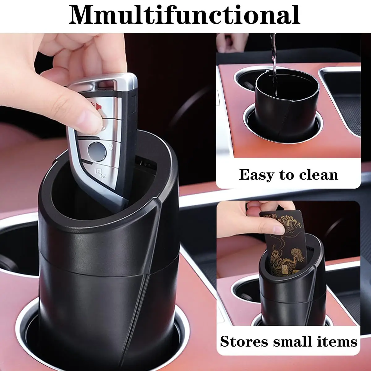 Mini leak proof car trash can with lid and 2 rolls of sugar