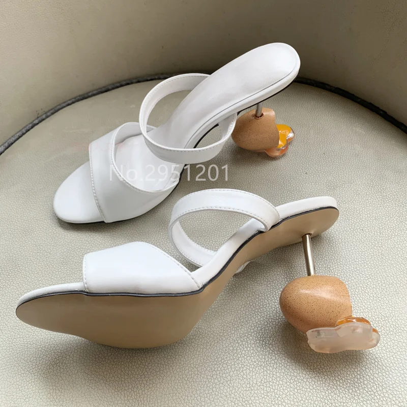 New Color Leather Ankle Straps Sandals Open Toe Egg Metal Iron Heels Mules Women Green Slip-on Unique Heels Sandalias Mujer