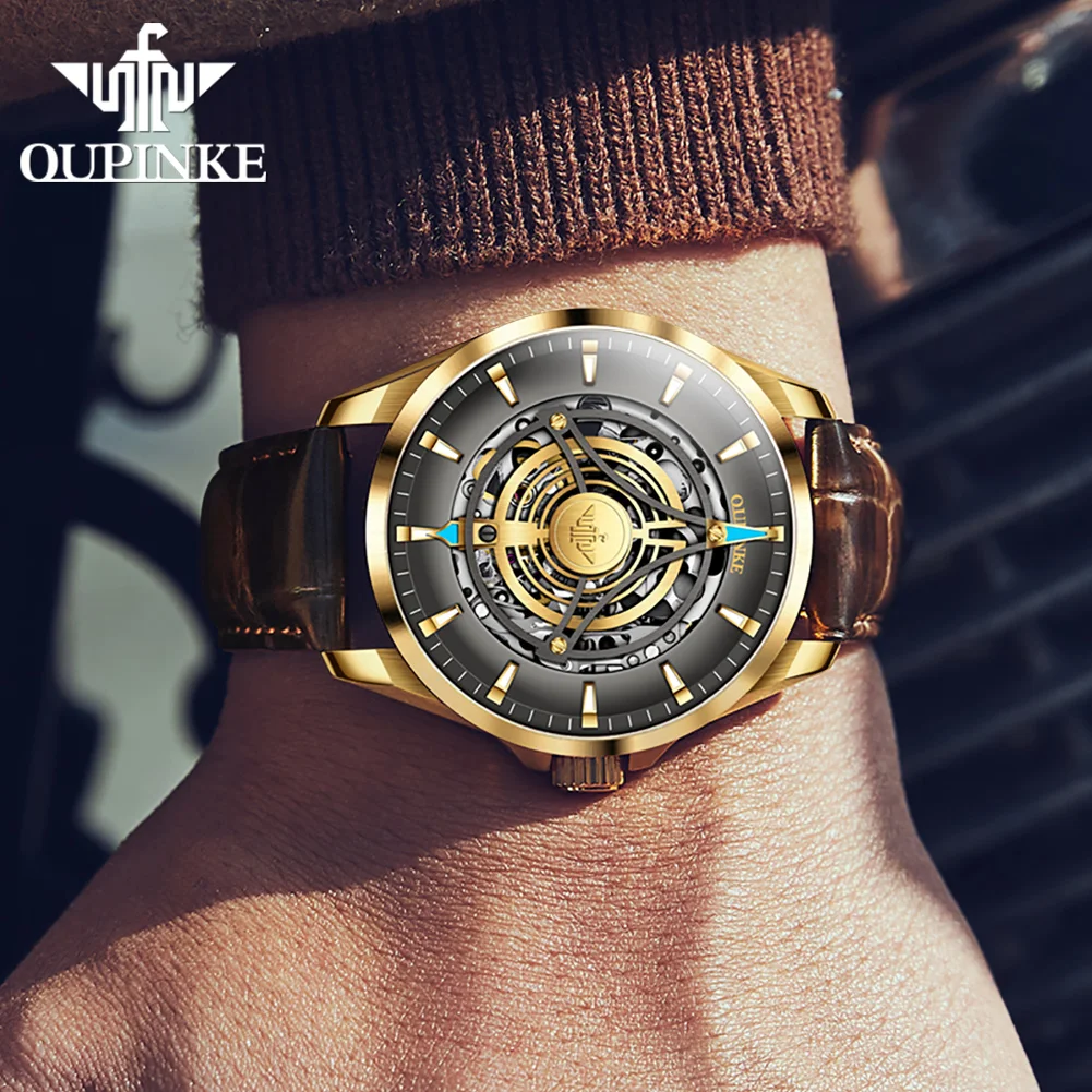 OUPINKE 3206 Fashion Hollow Mechanical Watch For Men Top Brand Automatic Wrist Watch Synthetic Sapphire Mirror Man Hand Clock