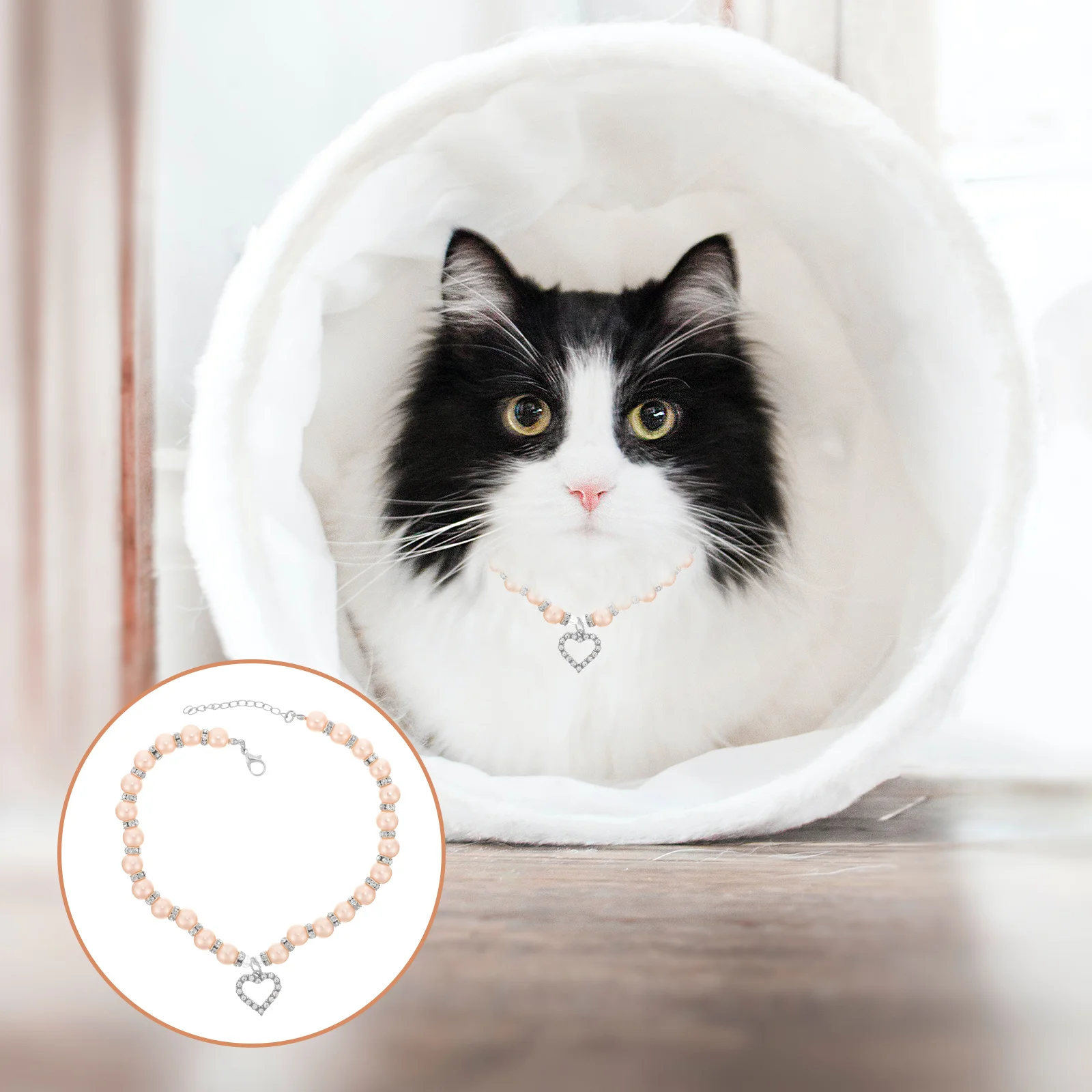 

Pet Necklace Pearl Rhinestone Heart Adjustable Jewelry Clasp Size L Pink Dog Cat Crystal Bling Necklace Pet's Jewelry