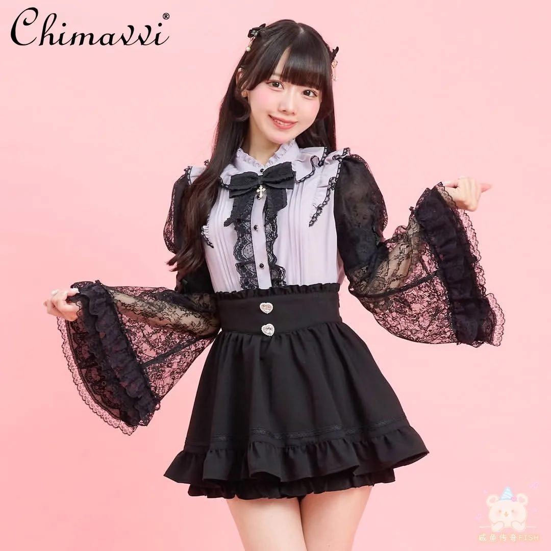 

Japanese Style Fashion Sweet Strap Cross Bows Lolita Shirt 2026 Spring New Preppy Ji Sleeve Shirt Tops Women Elegant Blouse