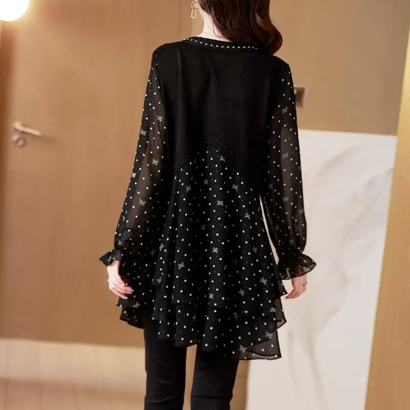 Spring New V-neck Fashion Long Sleeve Blouse Women High Street Casual Loose Polka Dot Printing Pullovers Elegant Mid-length Tops