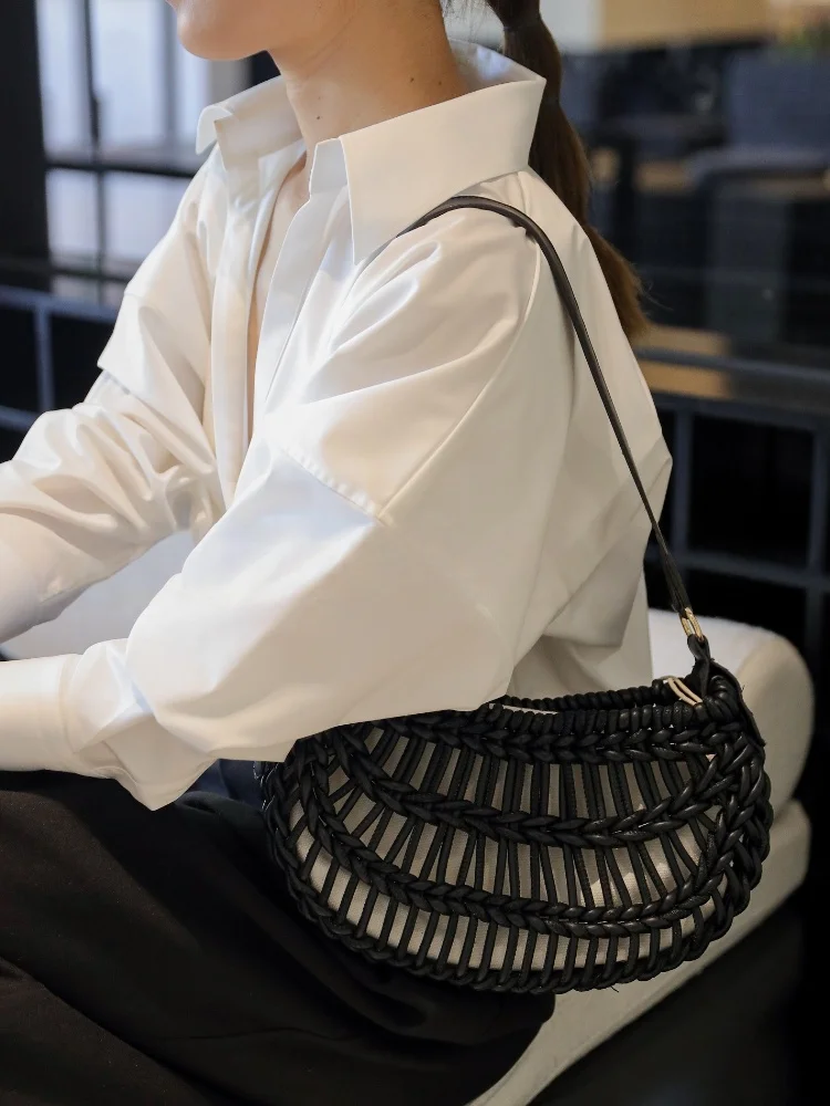 

2025 New Half-Moon Shaped Hollow Out Tote Bags For Women Black Pu Leather Patchwork Hand-Woven Underarm Bag Fashion Shoulder Bag