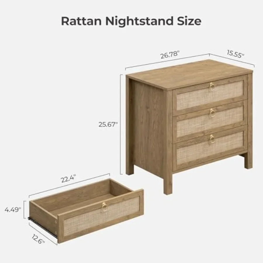 Rattan Nightstand Set of 2 with Drawers, Boho Large Bedside Tables