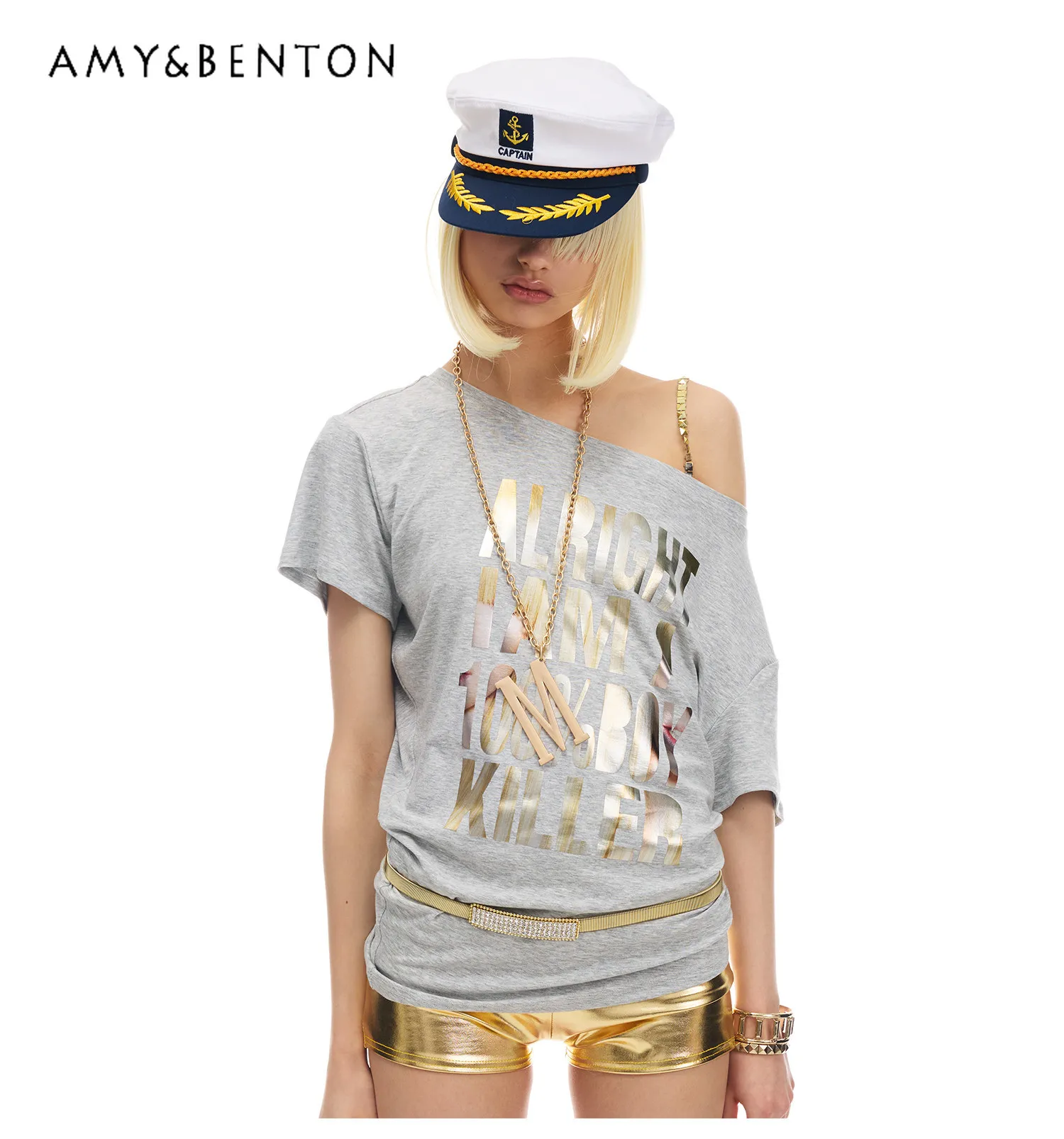 

Summer New American Streetwear Women Gold Letter Hot Stamping Off Shoulder Short Sleeve T-shirt Grey Slim Fit Y2K Casual Tees