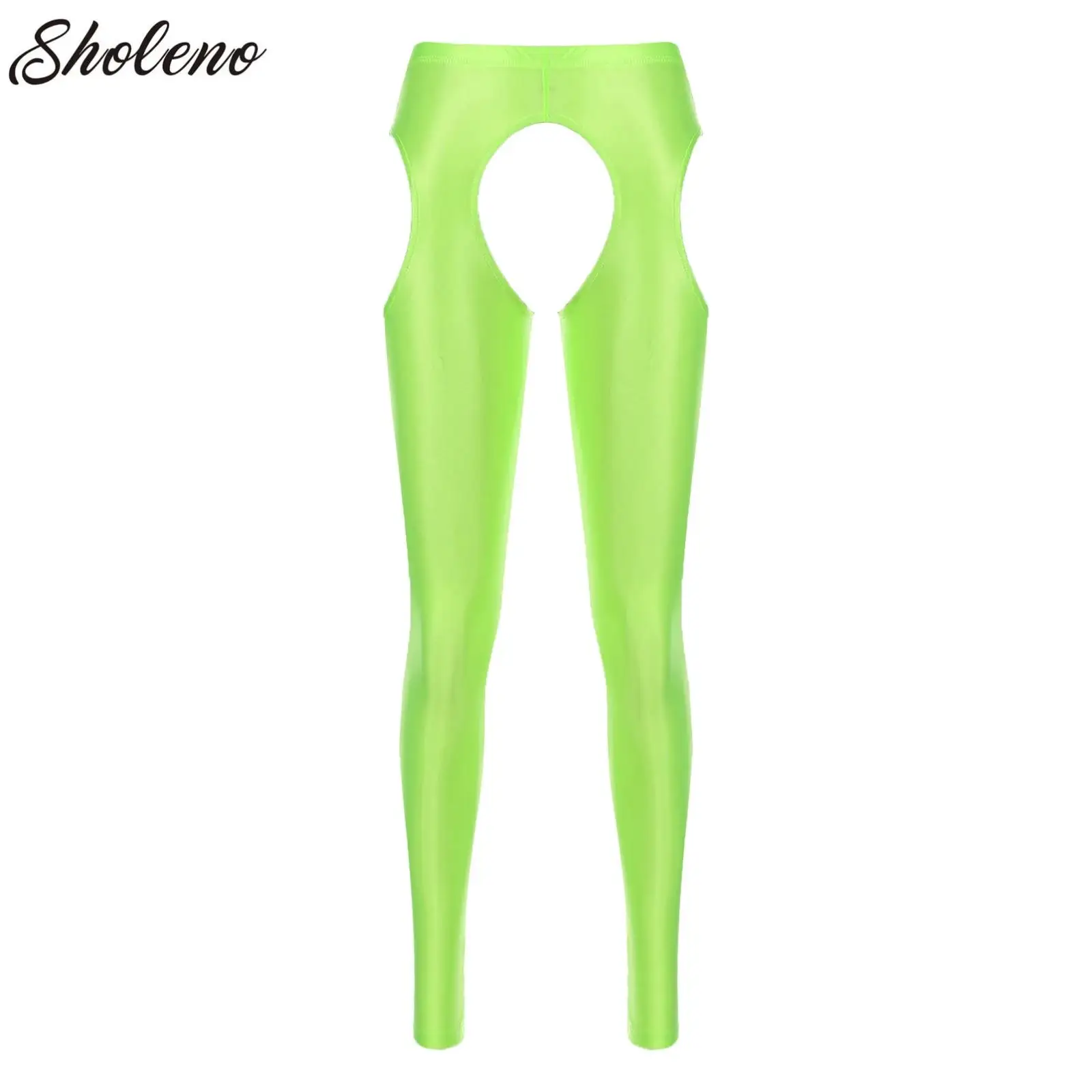 

Women Hollow Out Crotchless Leggings Glossy Skinny Long Pants Stretchy Cutout Open Butt Skinny Trousers Underwear Clubwear