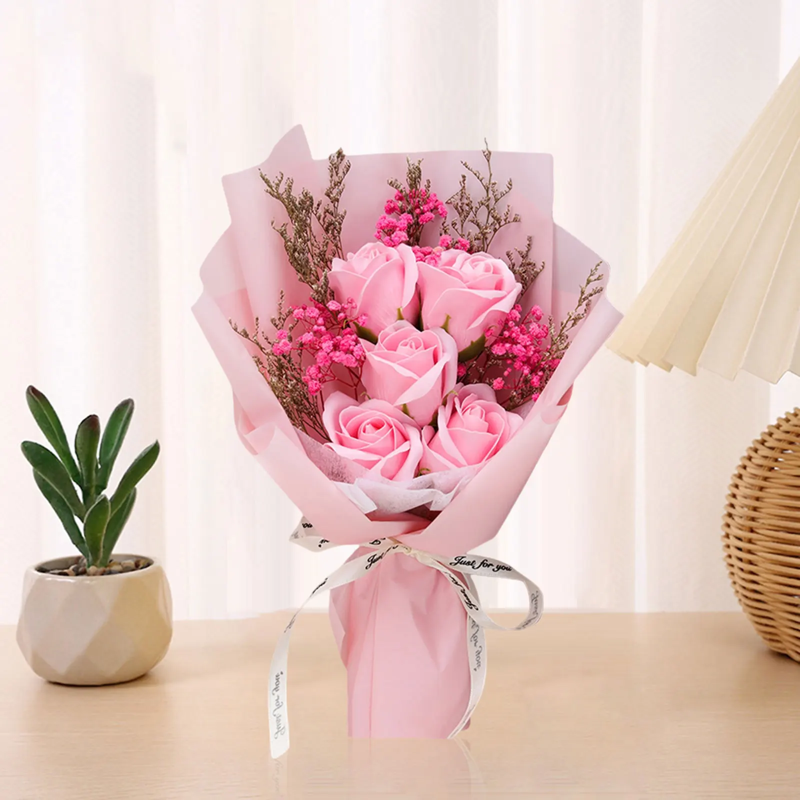 Artificial Soap Flower Preserved Bouquet Pink Rose Realistic for Mothers Day Valentines Day Anniversary Romantic Gift Decoration