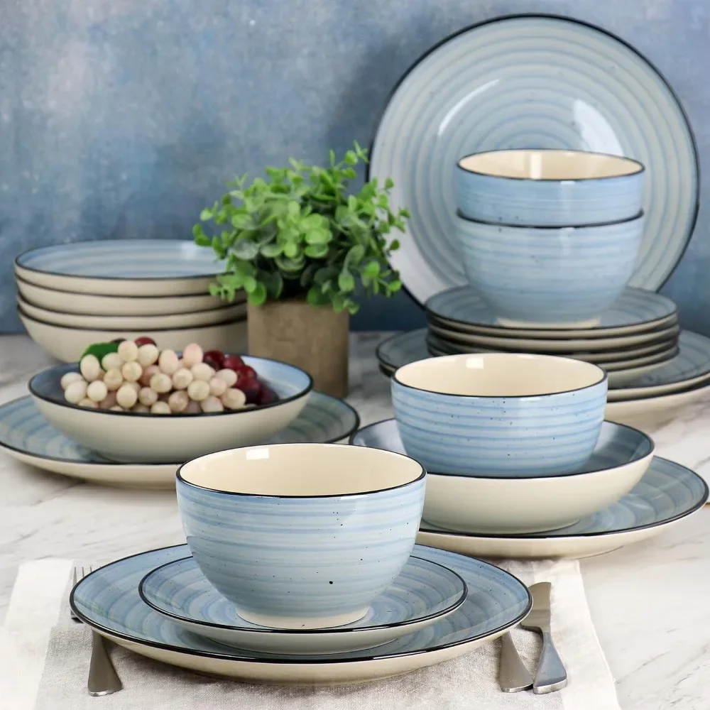 Gia 24 Piece Round Stoneware Dinnerware Set in Light Blue， Dinner Set Plates and Dishes