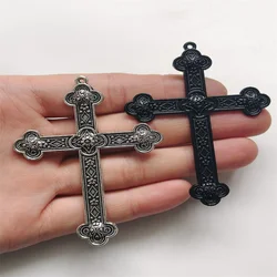 3pcs Silver Color Black 80x54mm Flower Cross Charms Jesus Faith Pendant Jewelry Making DIY Handmade Craft Accessories Wholesale