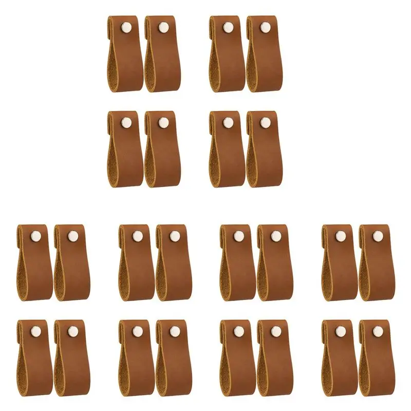 M12K-Leather Drawer Pulls 24 Pcs Leather Dresser Knobs Handmade Pure Leather Handles For Cabinet Doors And Drawers (Brown)