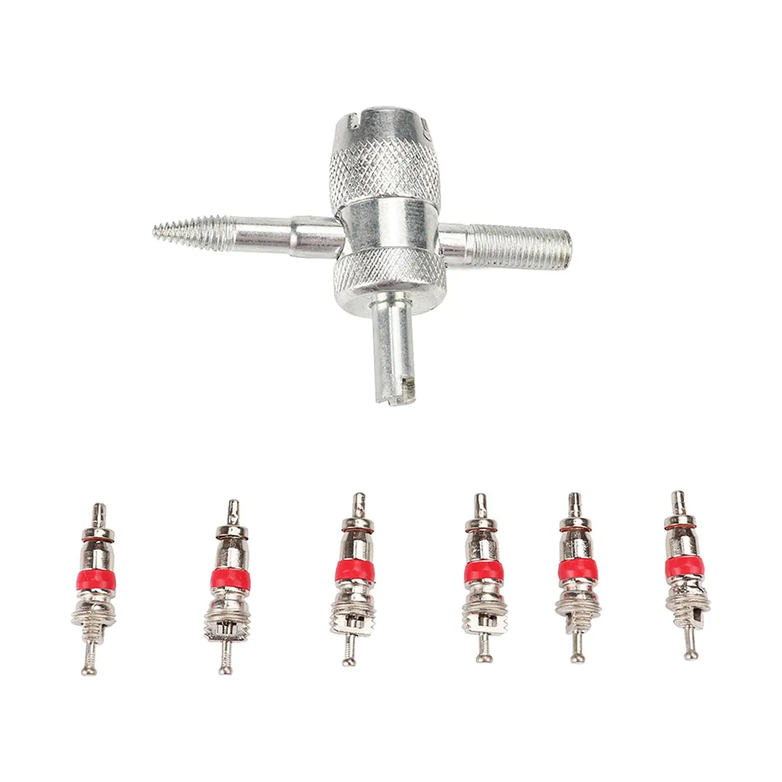 Tire Valve Core Kit Six Pack with Four Way Valve Core Removal Tool Portable Zinc Alloy Set for Motorcycles Cars Bikes