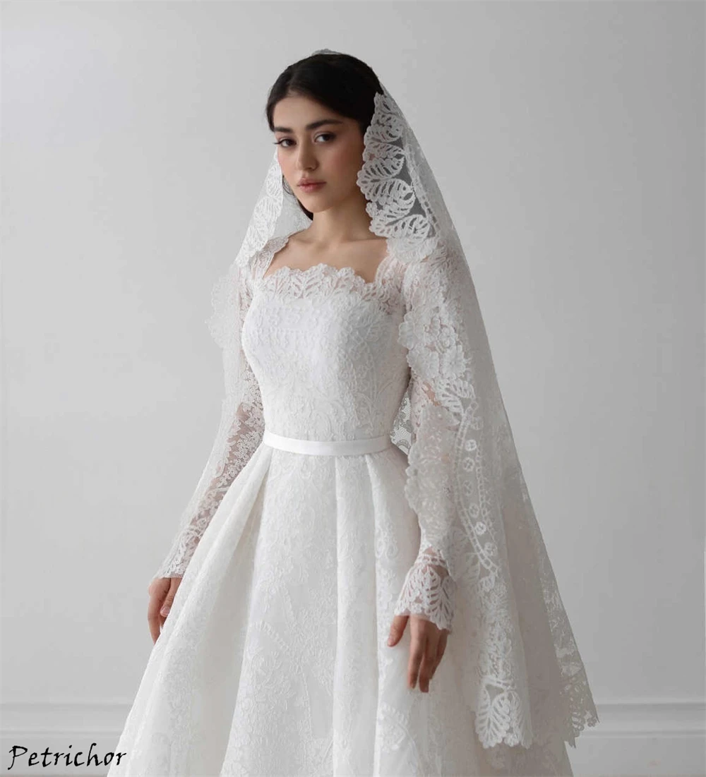Maßgeschneidertes, hochwertiges Brautkleid aus weißer Spitze, bezaubernde lange Ärmel, Brautkleider, klassischer quadratischer Kragen, A-Linie, Robe de Mariée