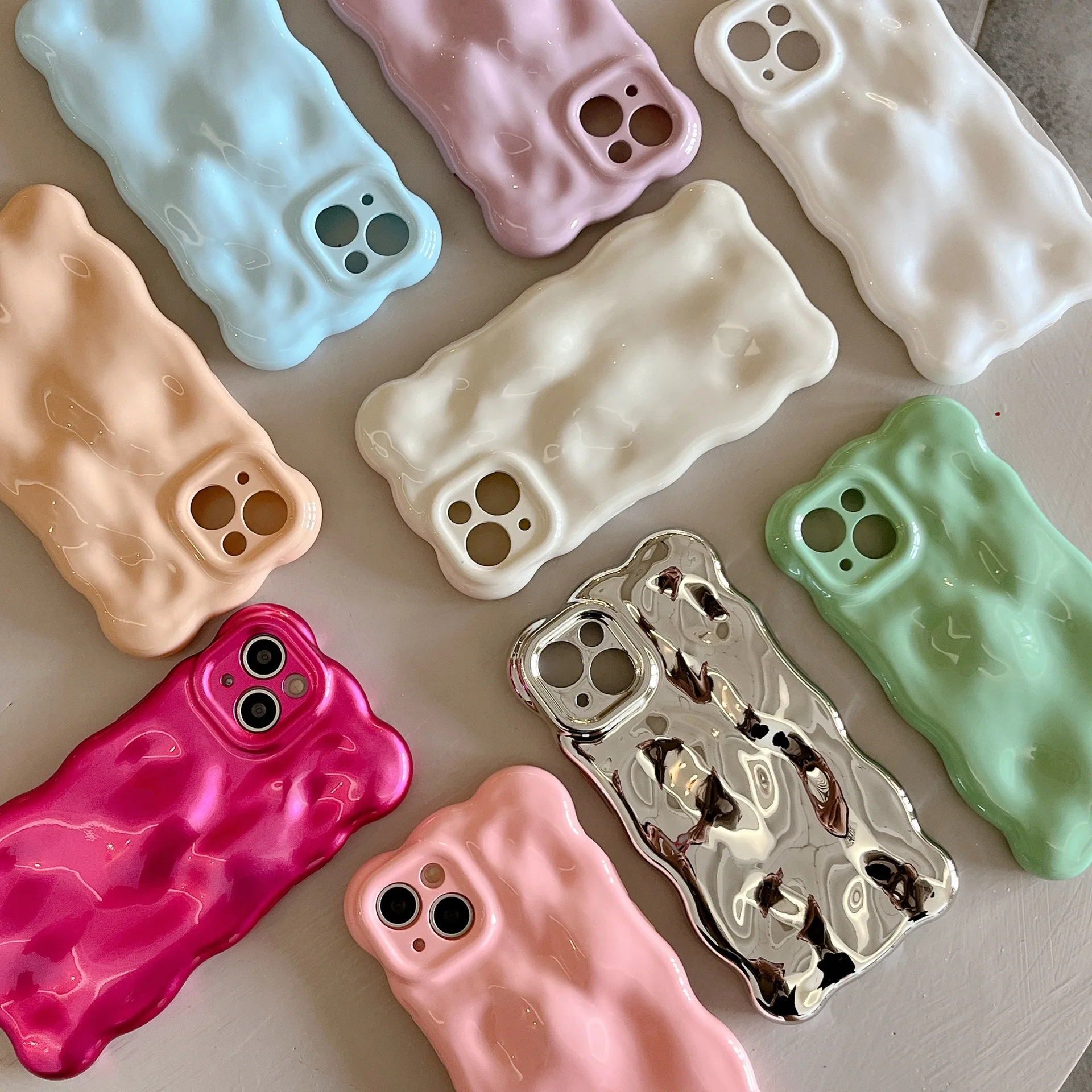Ins Simplicity Solid Color Macaron Waves Bubbles Phone Cover Case for iPhone 16 15 14 13 12 11 Pro Max Plus