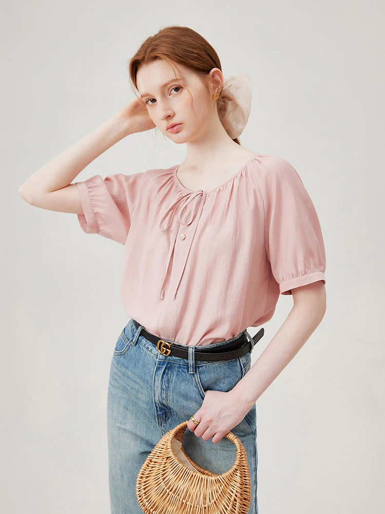 

FSLE Summer Thin Women Round Neck Pink Short Sleeve Blouse Single Breated Raglan Sleeve Loose White Shirt Tops 24FS18047