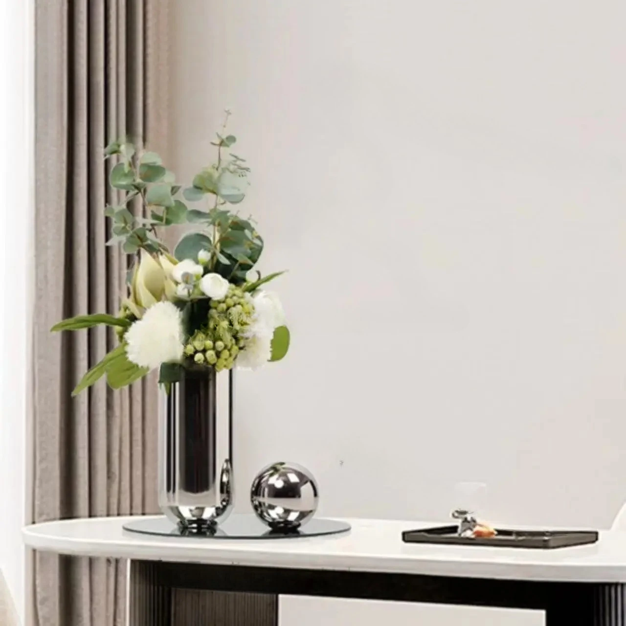 Modern light luxury high-end model room stainless steel flower arrangement vase ornament high-end home living room dining table