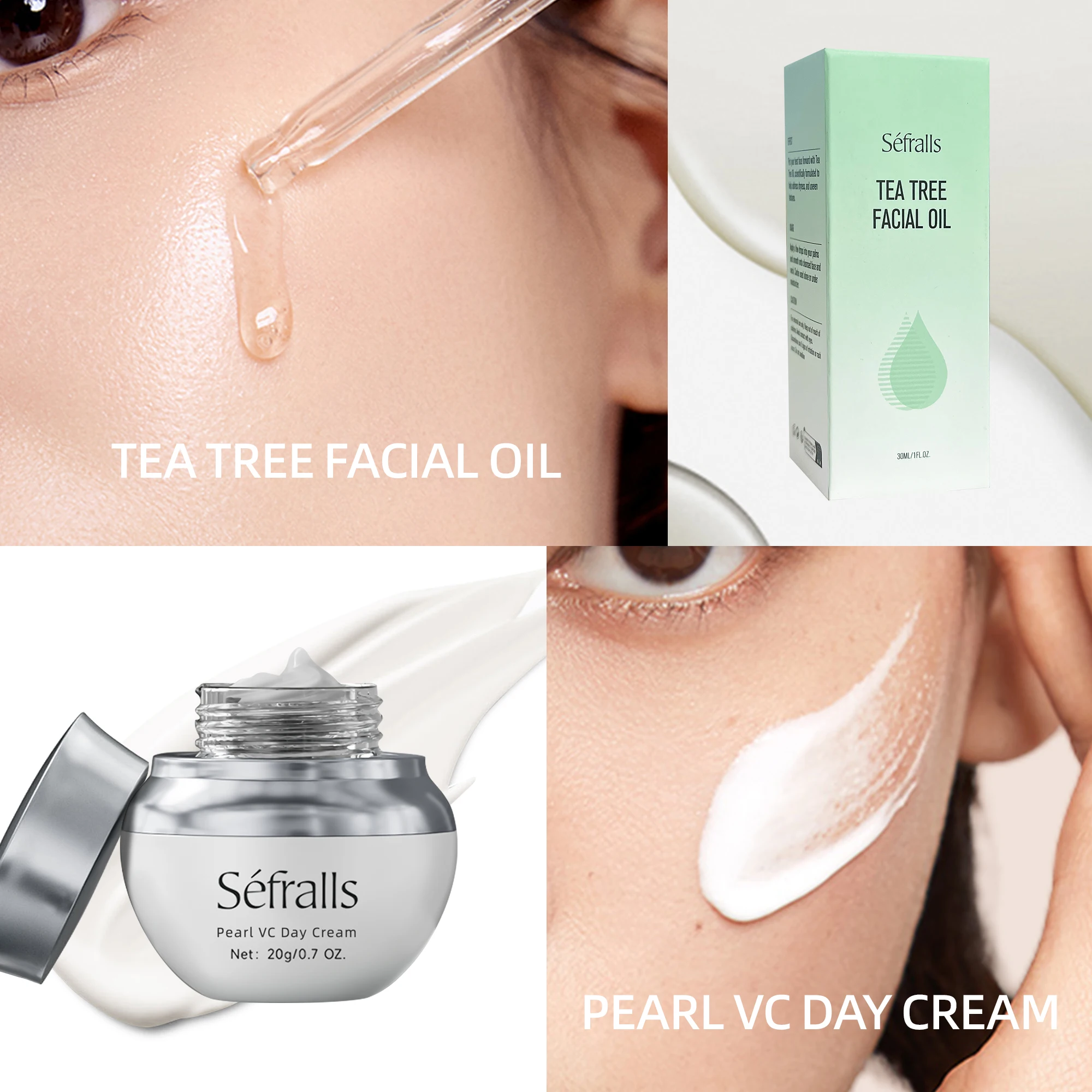 Séfralls Gel de Limpeza de Aloe Vera 98ml + Óleo de Árvore de Chá 30ml + Creme Pérola VC 20g - Hidratante, Cuidados com a Acne, Conjunto de Cuidados com a Pele Iluminador