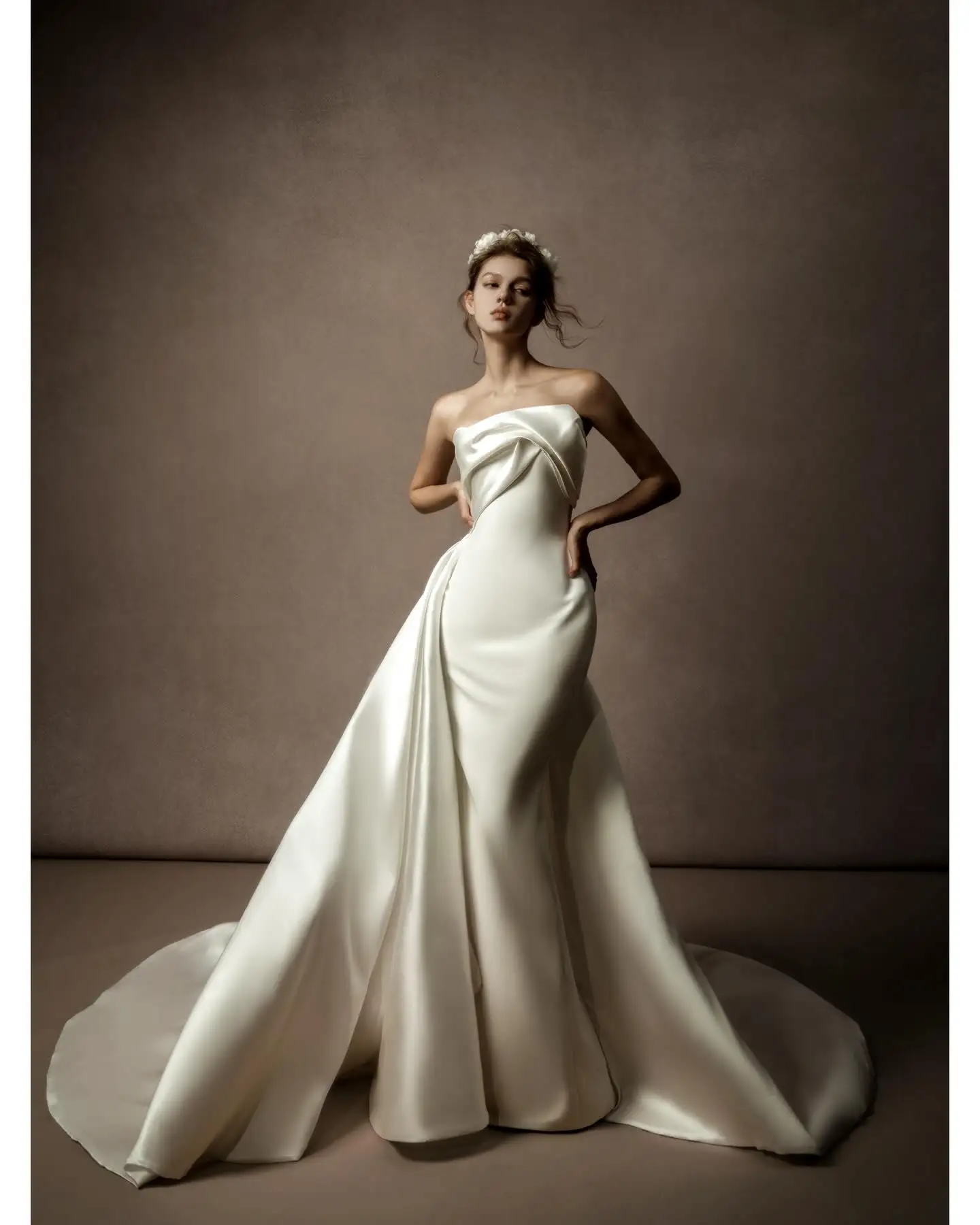 

Customized Satin Exquisite Mermaid Wedding Dress Luxury High Quality Panel Train Bridal Party Simple Strapless Bridal Gowns