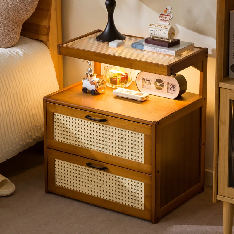 All solid wood retro bedside table simple modern shelf small household bedroom new Chinese style bedside table with glass