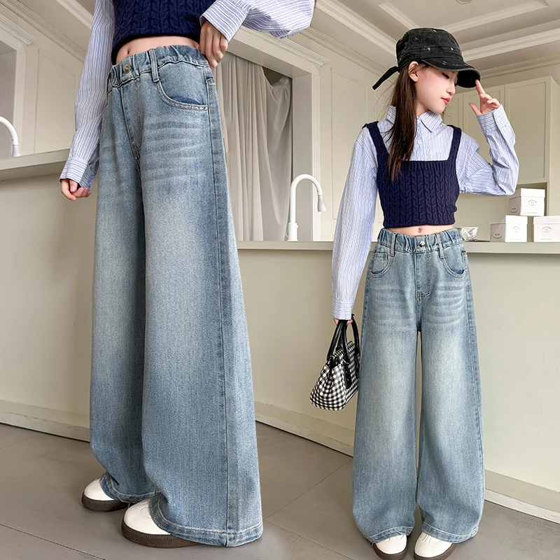 2026 Girl Pocket Bow Embroidery Jeans New Teenage Children Wide Leg Denim Pants for Kids Loose Trousers Spring Autumn 4 -14 Year