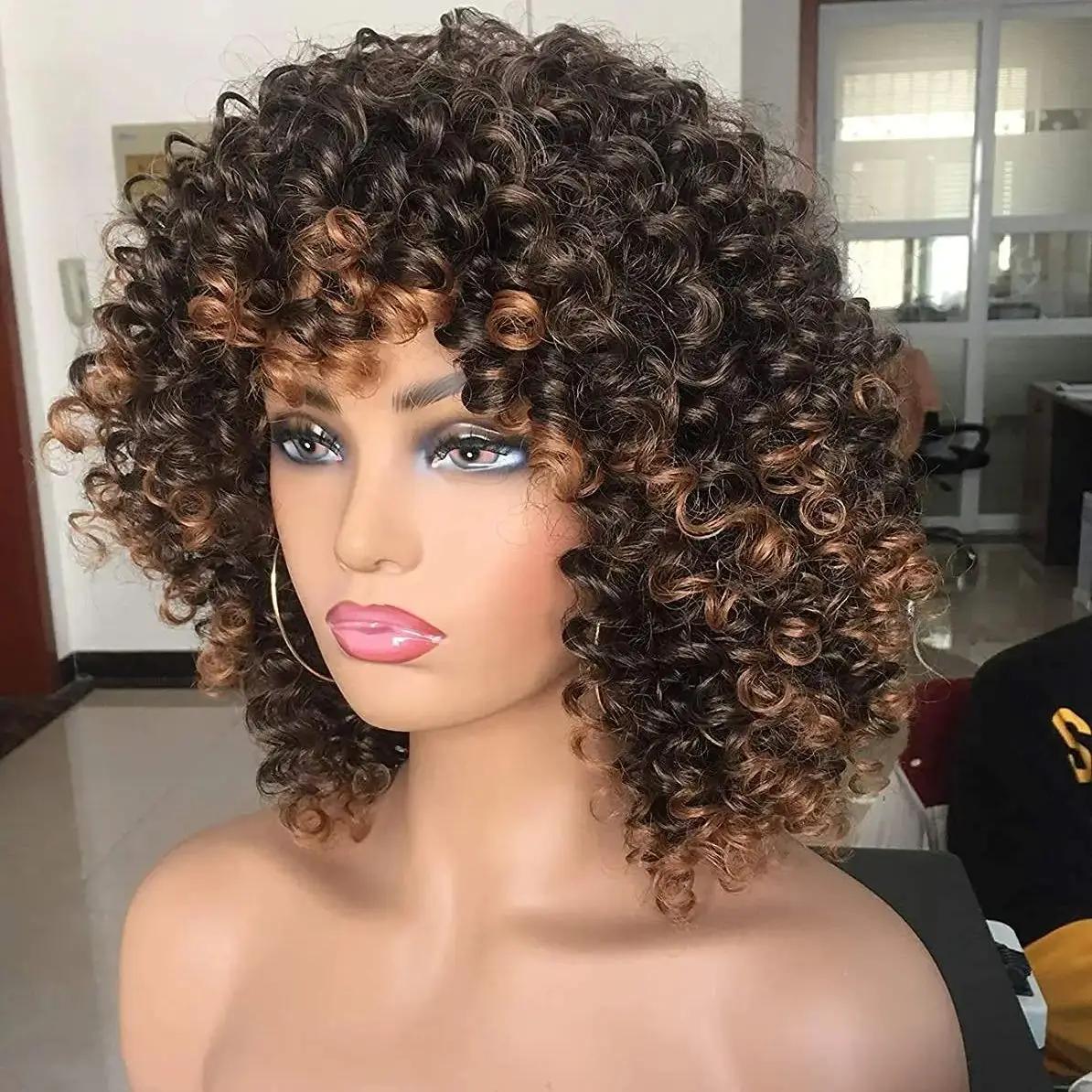 Short Curly Synthetic Wig for Black Women with Bangs Big Bouncy Fluffy  Heat Resist Soft Synthetic 2Tone Ombre Darkest Brown Wig