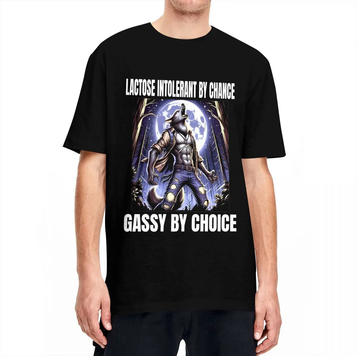 Lactose Intolerant By Chance Gassy By Choice Wolf Meme T Shirt Men's Cotton Clothes Funny Round Neck Short Sleeve