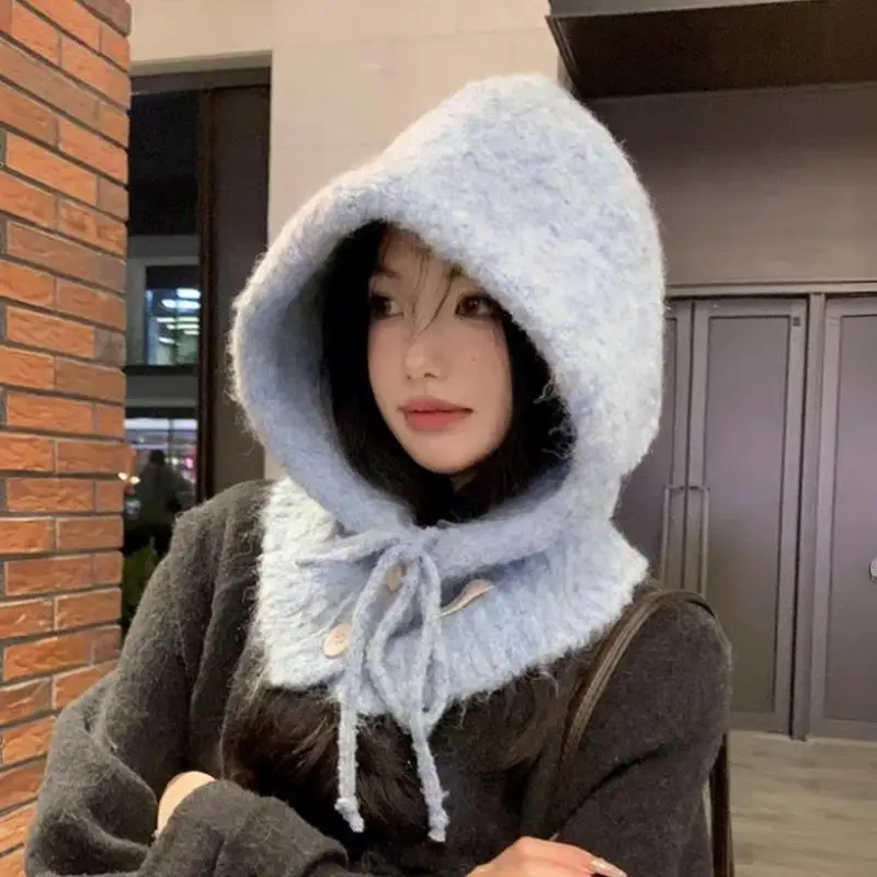 

Winter Balaclava Hats Knitted Hooded Caps Korean Ear Protection Crochet Pullover Scarf Hooded Hat All Matching Neck Beanies Cap