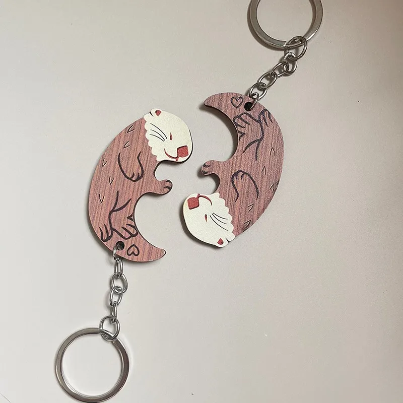 Wooden Couple Otter Keychain Pendant