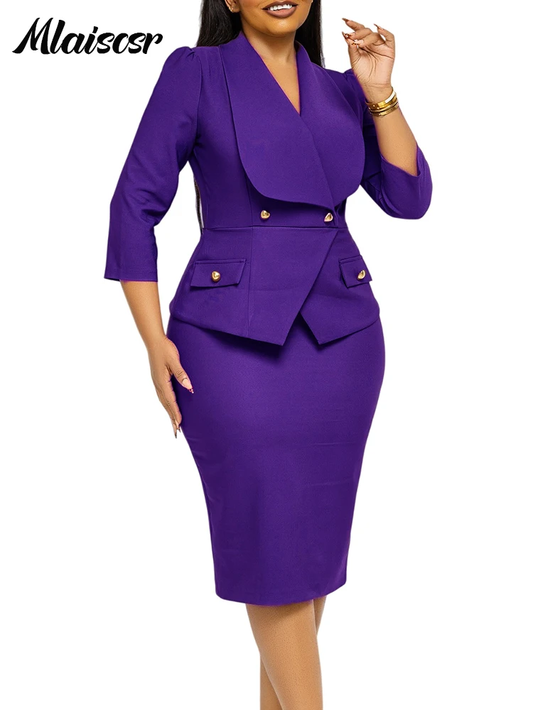 Mlaiscsr المرأة الجديدة كبيرة ترتيب الأسرة طوق 3/4 كم زر سليم قلم رصاص منتصف فستان الخريف الشتاء مكتب سيدة مساء رداء الحفلات