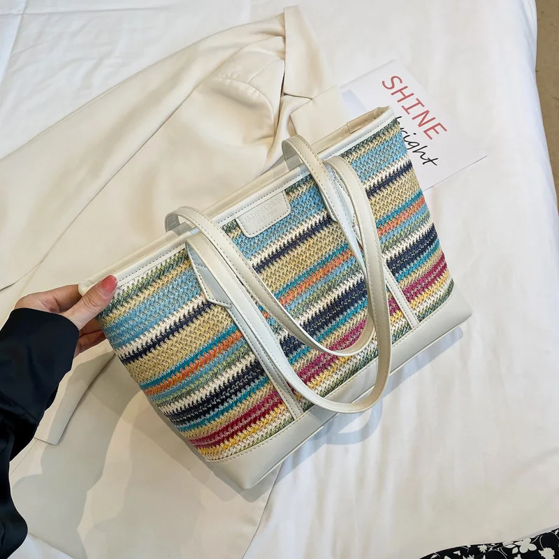 

​2025 Rainbow Straw Tote Bag - Spacious Boho Shoulder Purse for Women, Lightweight Beach Commuter & Vacation Crossbody Bag​