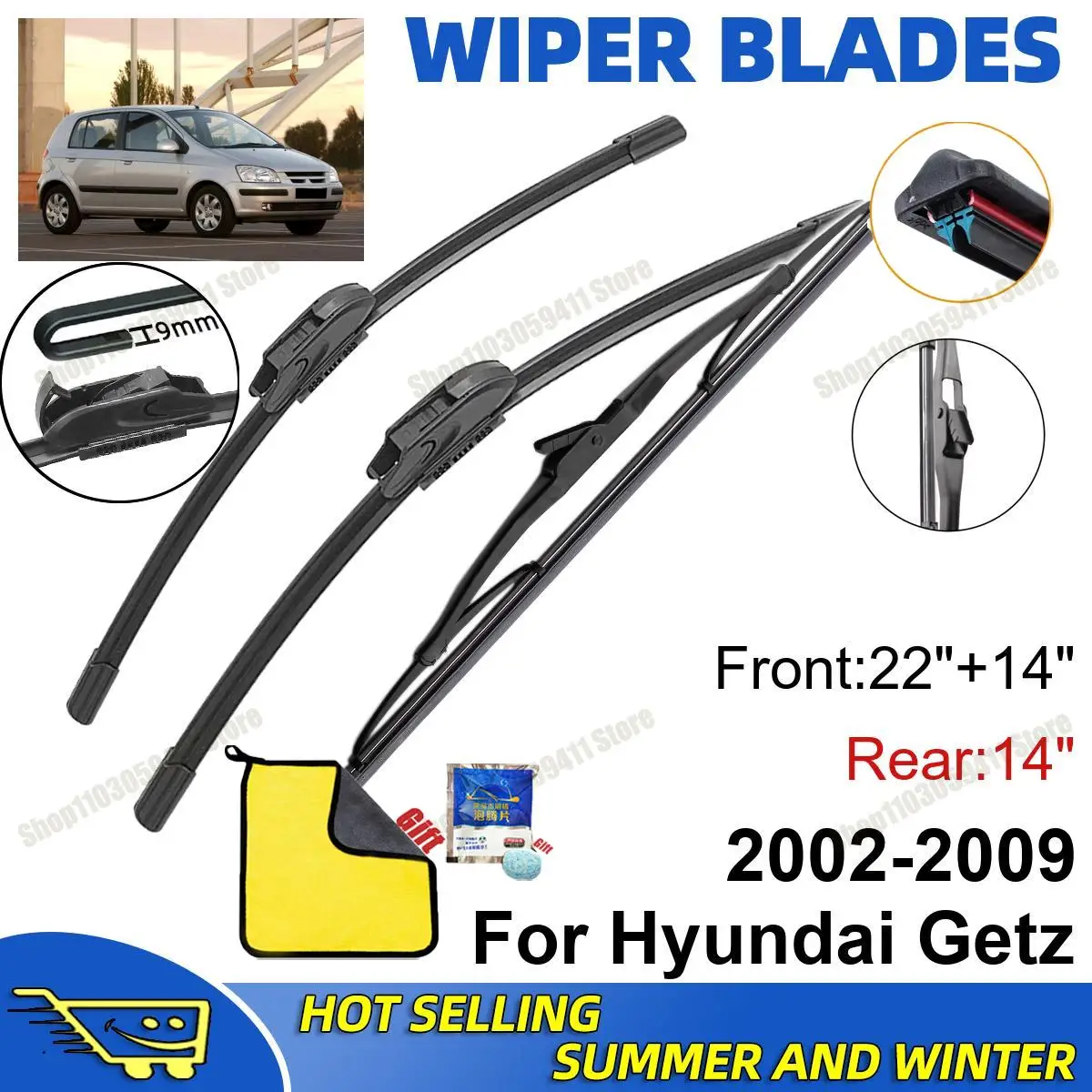 

3PCS For Hyundai Getz 2002-2009 22" + 14"+ 14" Front Rear Wiper Blades Set Windshield Windscreen Car Accessories