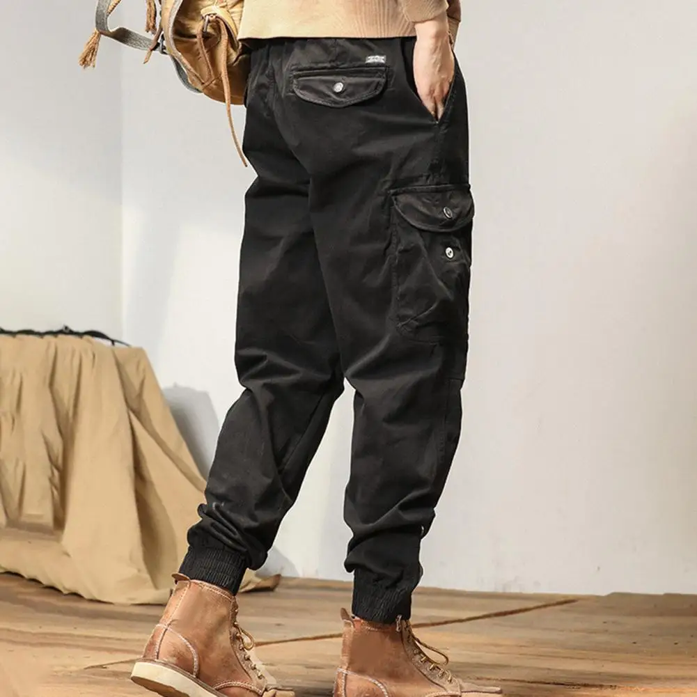 

Multi-pocket Design Trousers Men's Drawstring Cargo Pants with Elastic Waist Multiple Pockets Ankle-banded Design for Streetwear